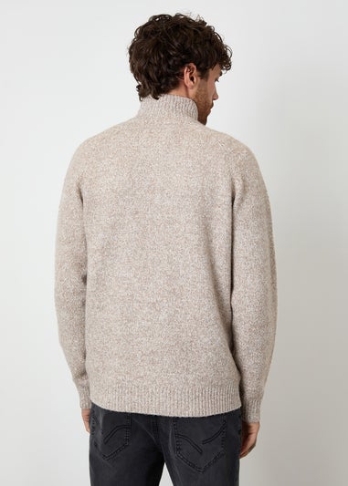 Threadbare Stone Funnel Neck Button Up Knitted Cardigan With Wool