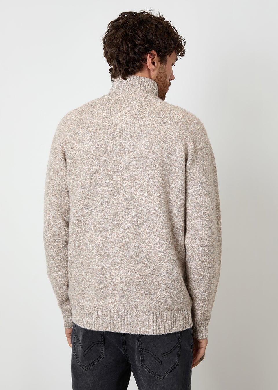 Threadbare Stone Funnel Neck Button Up Knitted Cardigan With Wool