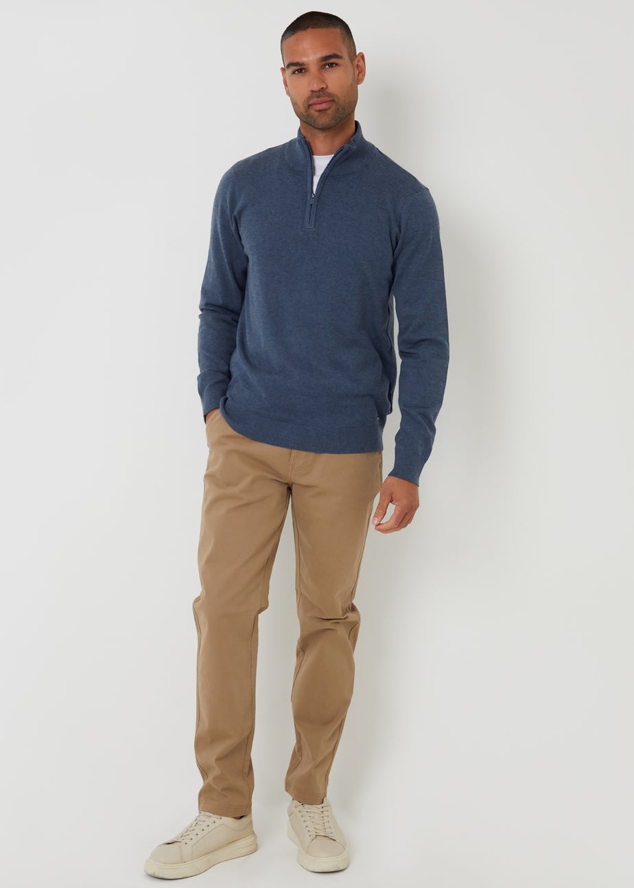 Threadbare Blue Funnel Neck Quarter Zip Knitted Jumper