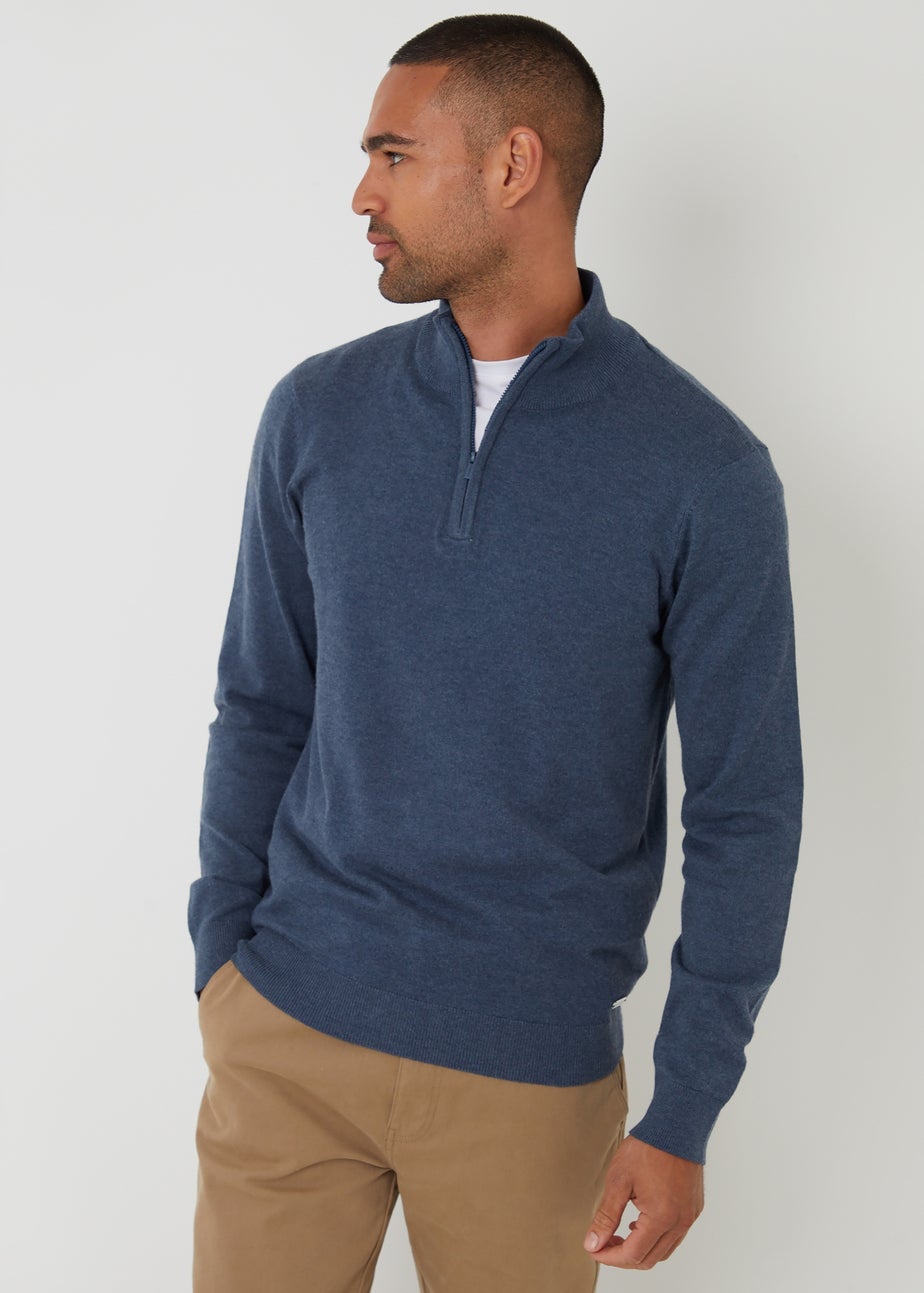 Threadbare Blue Funnel Neck Quarter Zip Knitted Jumper