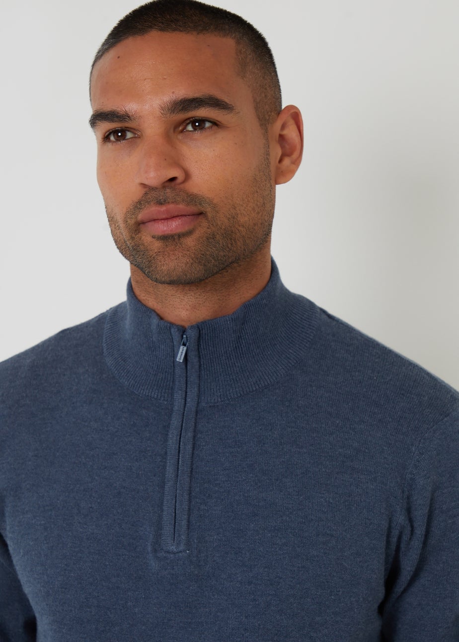 Threadbare Blue Funnel Neck Quarter Zip Knitted Jumper