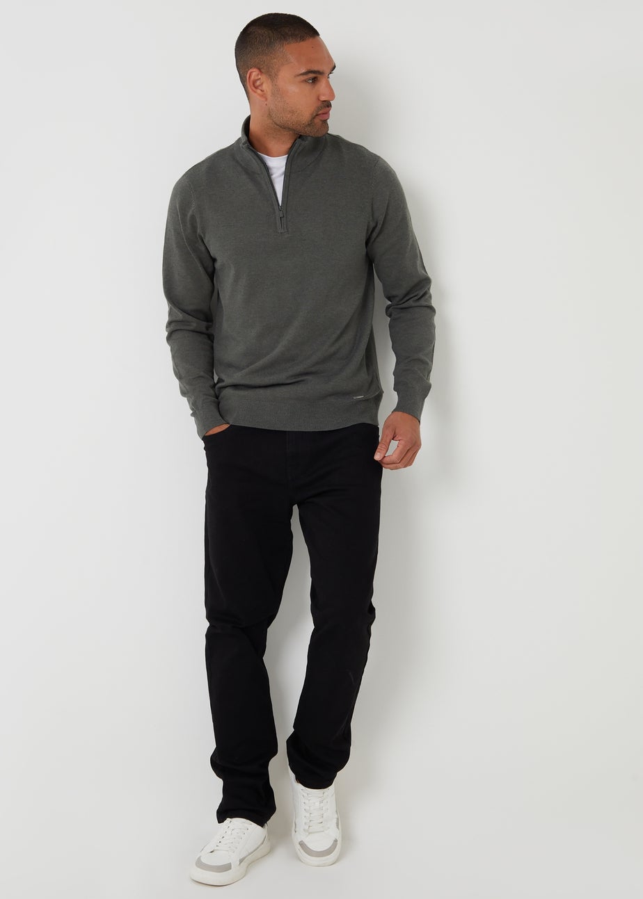 Threadbare Green Funnel Neck Quarter Zip Knitted Jumper