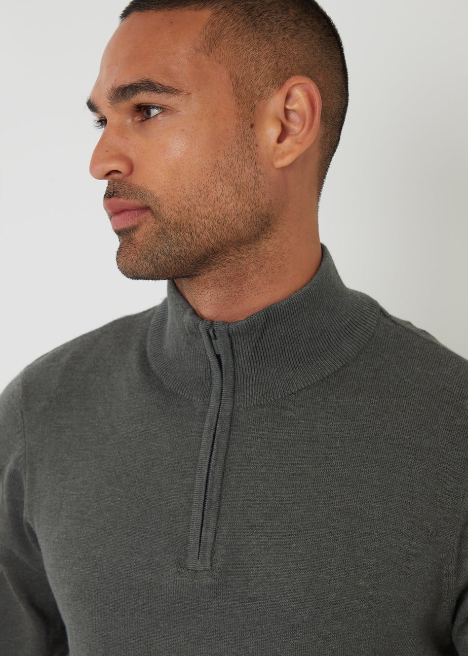 Threadbare Green Funnel Neck Quarter Zip Knitted Jumper