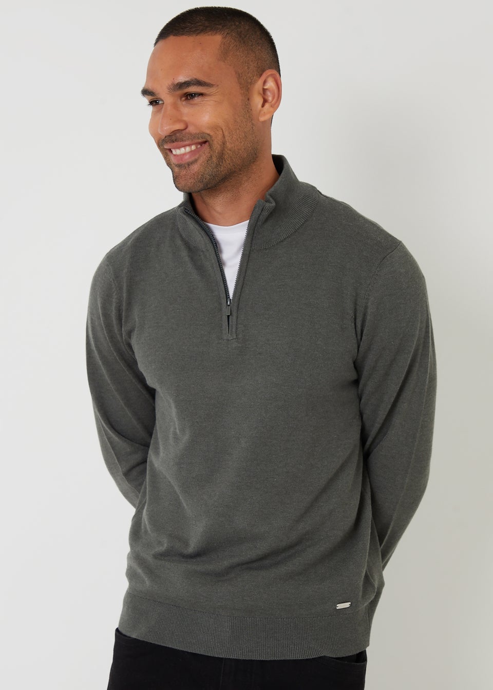 Threadbare Green Funnel Neck Quarter Zip Knitted Jumper