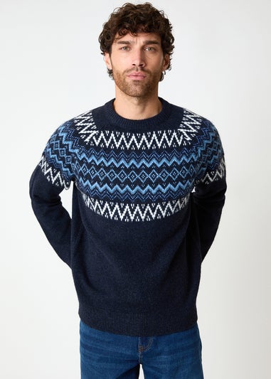 Threadbare Navy Raglan Sleeve Fairisle Christmas Jumper