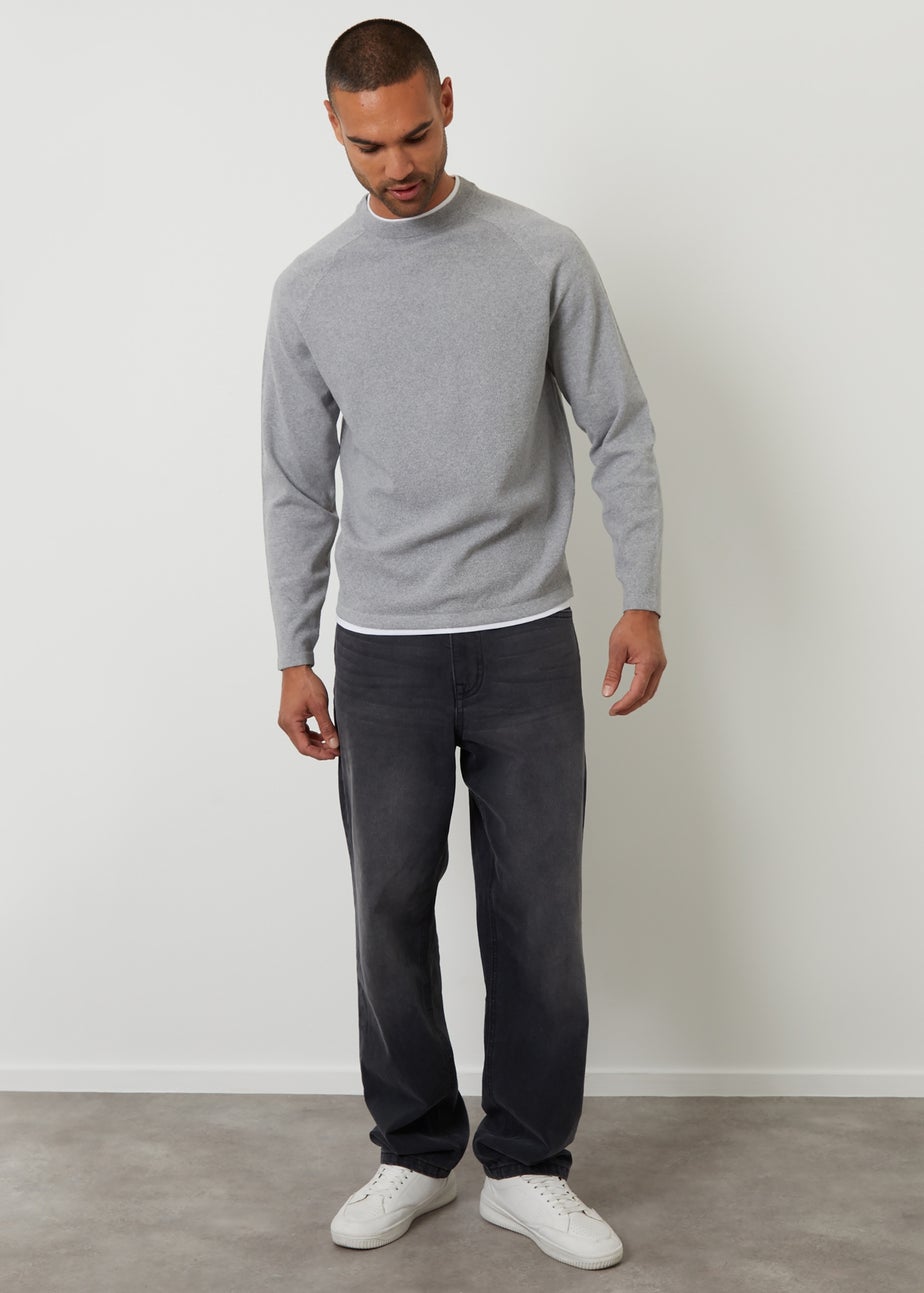 Threadbare Grey Mock Tee Textured Knit Crew Neck Jumper
