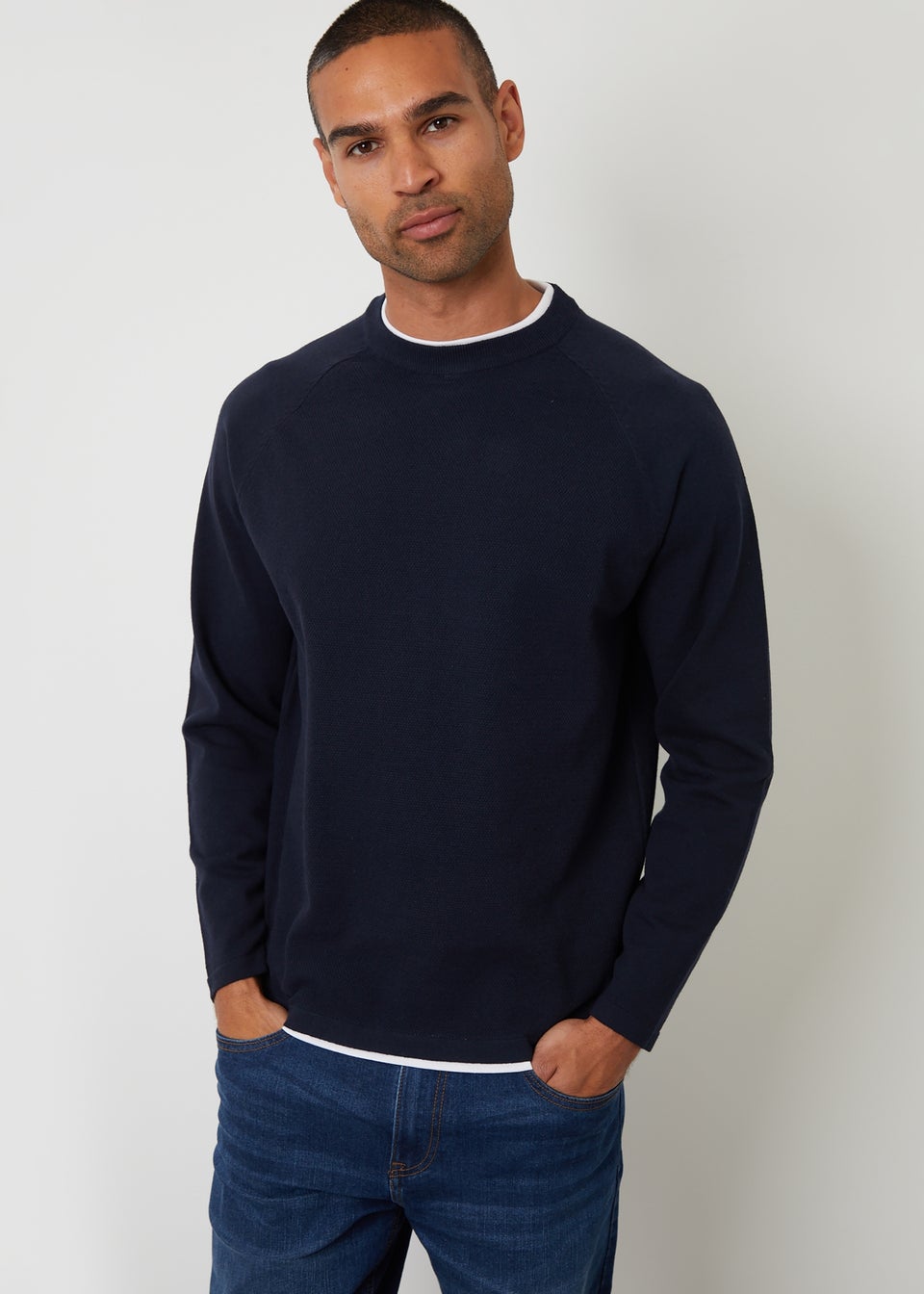 Threadbare Navy Mock Tee Textured Knit Crew Neck Jumper