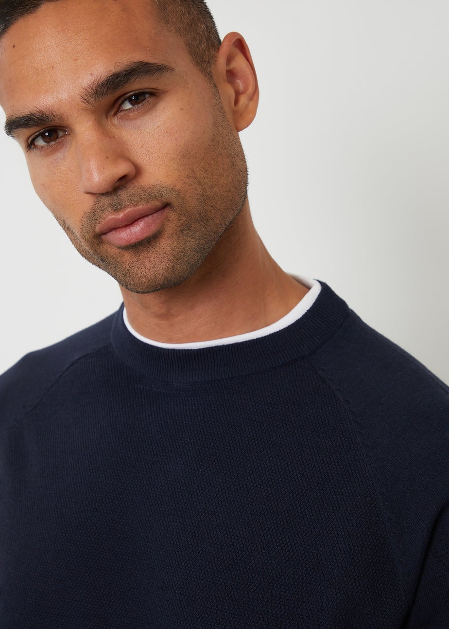 Threadbare Navy Mock Tee Textured Knit Crew Neck Jumper