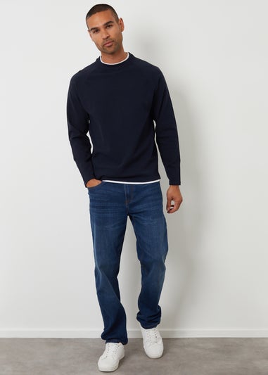 Threadbare Navy Mock Tee Textured Knit Crew Neck Jumper