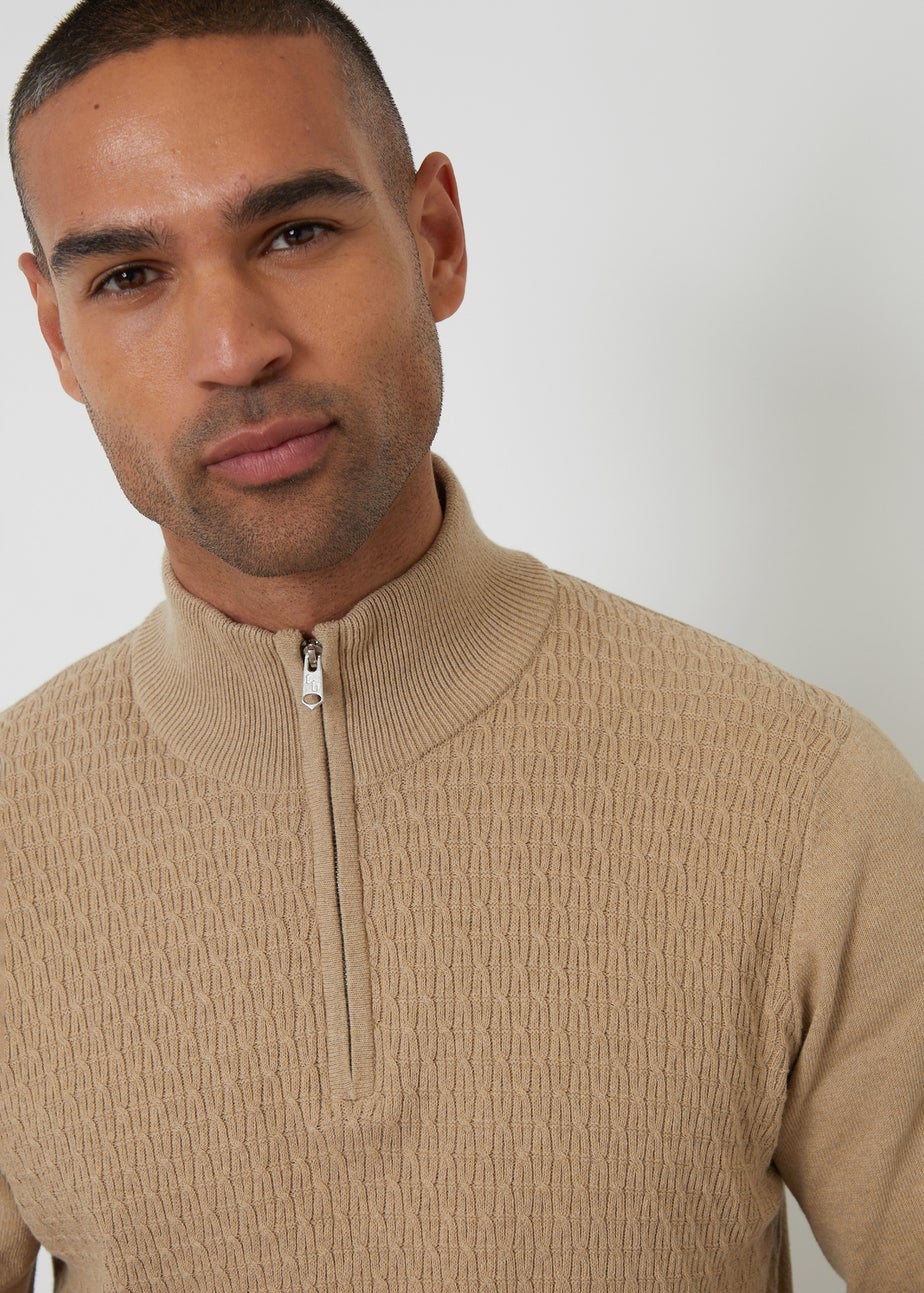 Threadbare Taupe Mini Cable Knit Quarter Zip Jumper