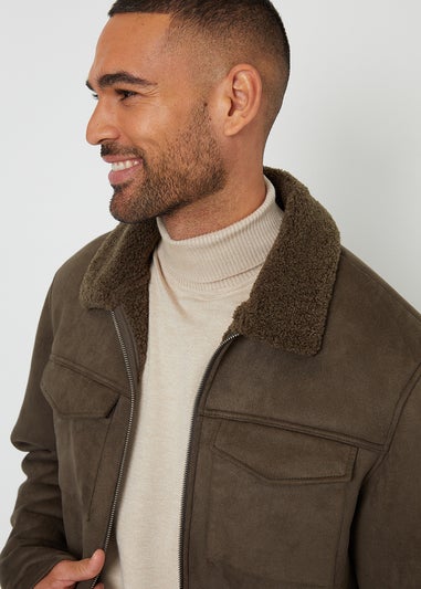 Threadbare Khaki Faux Suede Borg Lined Aviator Jacket