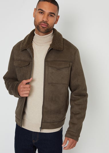 Threadbare Khaki Faux Suede Borg Lined Aviator Jacket