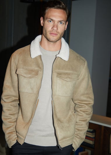 Threadbare Stone Faux Suede Borg Lined Aviator Jacket