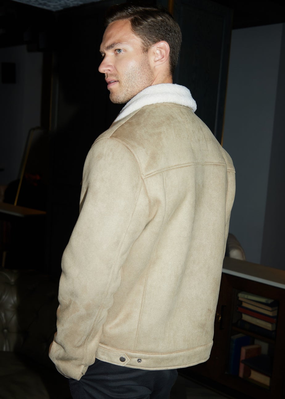 Threadbare Stone Faux Suede Borg Lined Aviator Jacket