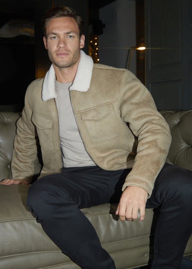 Threadbare Stone Faux Suede Borg Lined Aviator Jacket