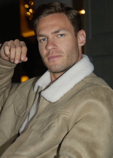 Threadbare Stone Faux Suede Borg Lined Aviator Jacket