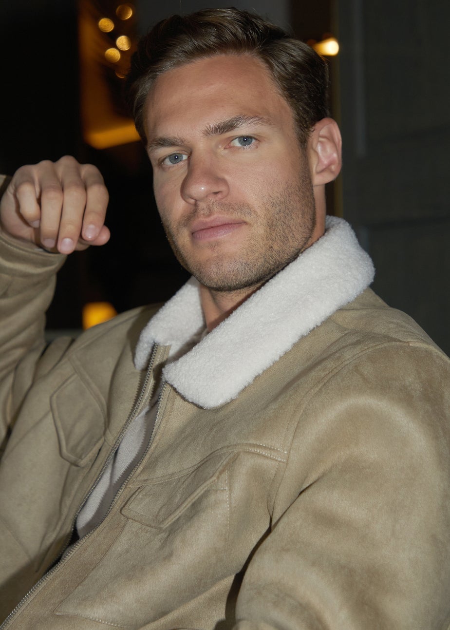 Threadbare Stone Faux Suede Borg Lined Aviator Jacket