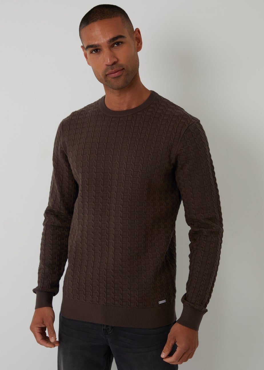 Threadbare Brown Cable Knit Crew Neck Jumper