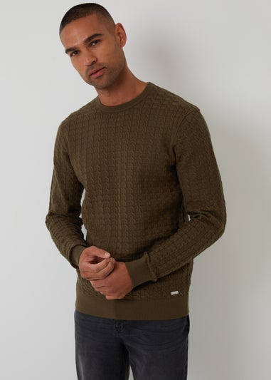 Threadbare Khaki Cable Knit Crew Neck Jumper