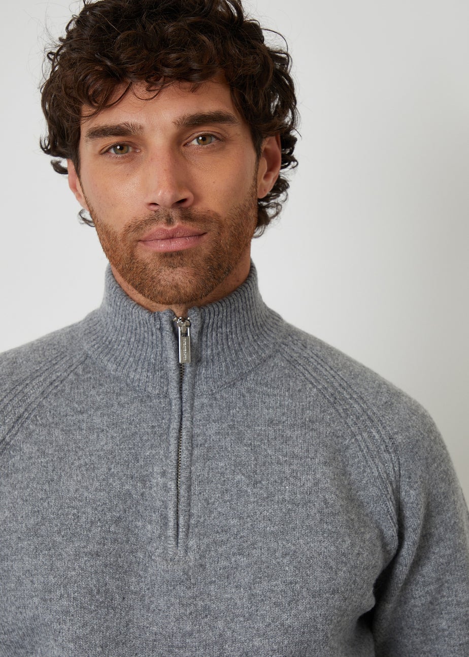 Threadbare Grey Raglan Rib Quarter Zip Knitted Jumper