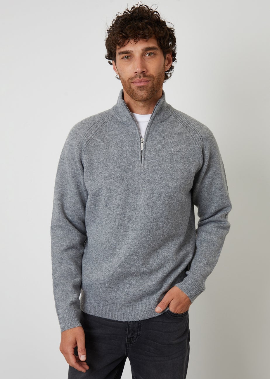 Threadbare Grey Raglan Rib Quarter Zip Knitted Jumper