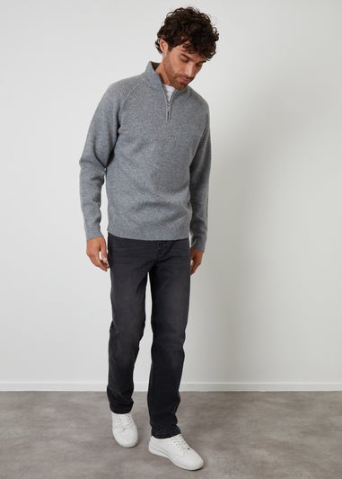 Threadbare Grey Raglan Rib Quarter Zip Knitted Jumper