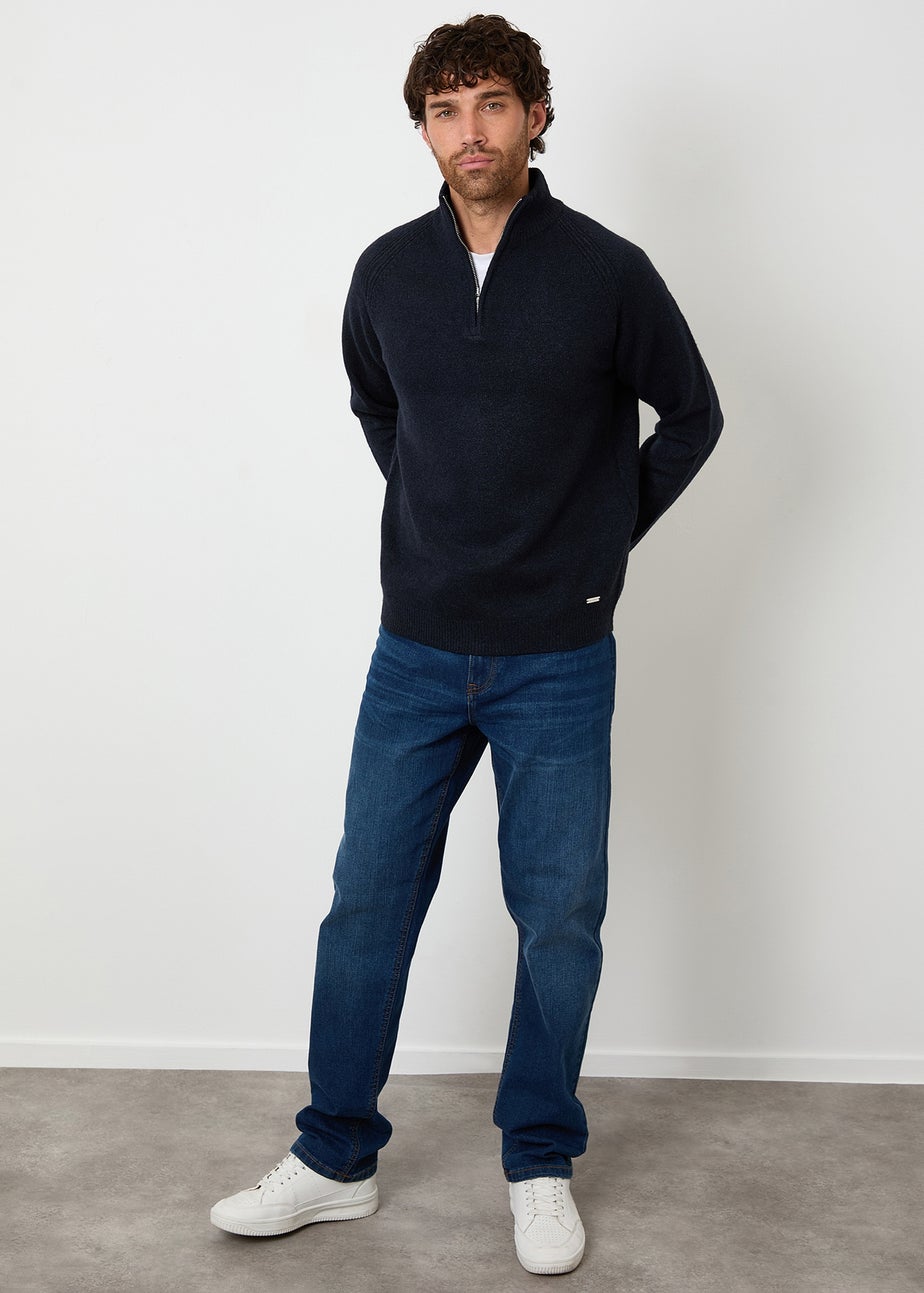 Threadbare Navy Raglan Rib Quarter Zip Knitted Jumper