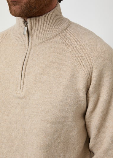 Threadbare Stone Raglan Rib Quarter Zip Knitted Jumper