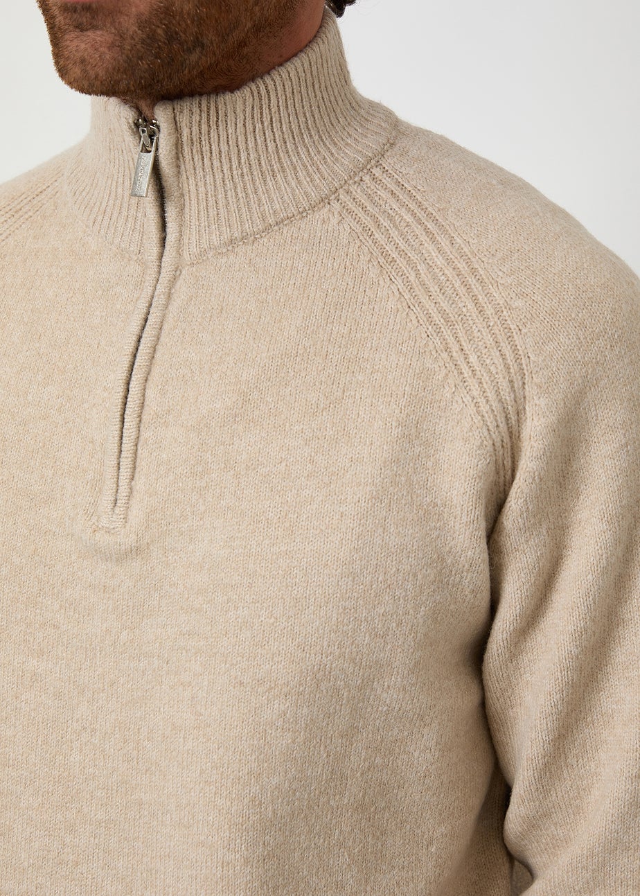 Threadbare Stone Raglan Rib Quarter Zip Knitted Jumper