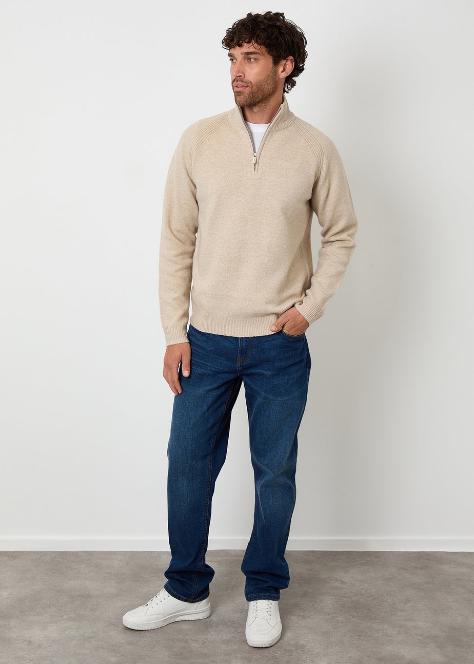 Threadbare Stone Raglan Rib Quarter Zip Knitted Jumper