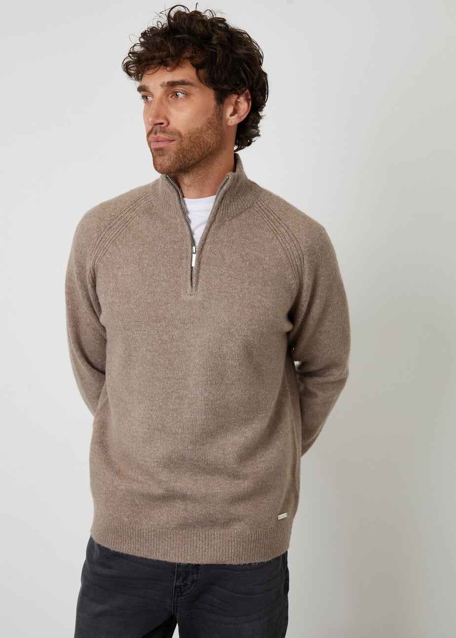 Threadbare Taupe Raglan Rib Quarter Zip Knitted Jumper