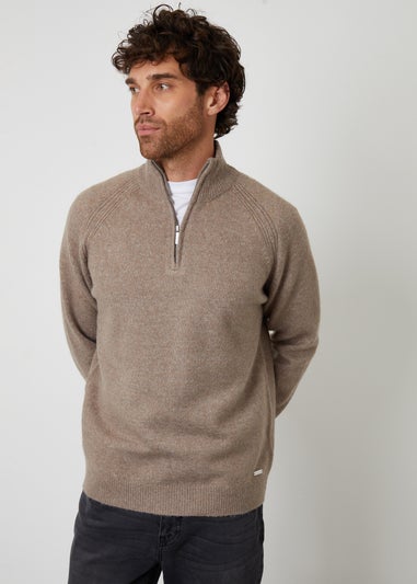 Threadbare Taupe Raglan Rib Quarter Zip Knitted Jumper