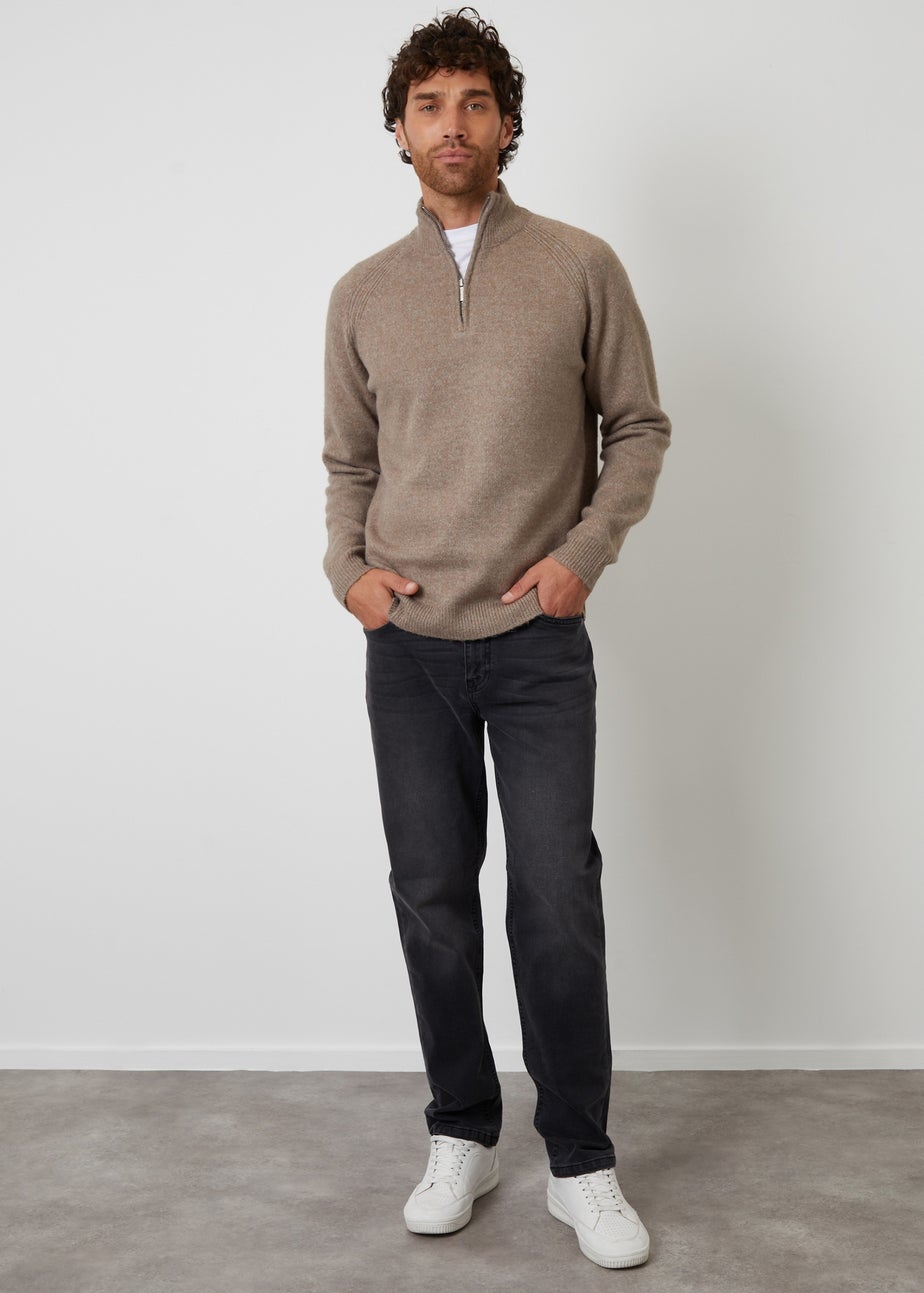 Threadbare Taupe Raglan Rib Quarter Zip Knitted Jumper