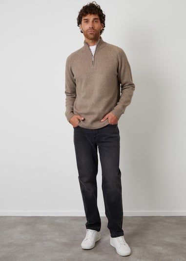 Threadbare Taupe Raglan Rib Quarter Zip Knitted Jumper