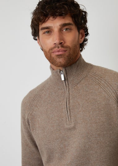 Threadbare Taupe Raglan Rib Quarter Zip Knitted Jumper