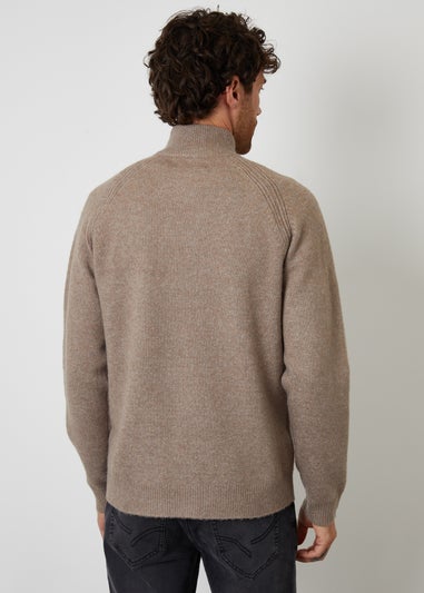 Threadbare Taupe Raglan Rib Quarter Zip Knitted Jumper