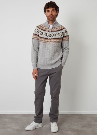 Threadbare Grey Fairisle Cable Knit Quarter Zip Jumper