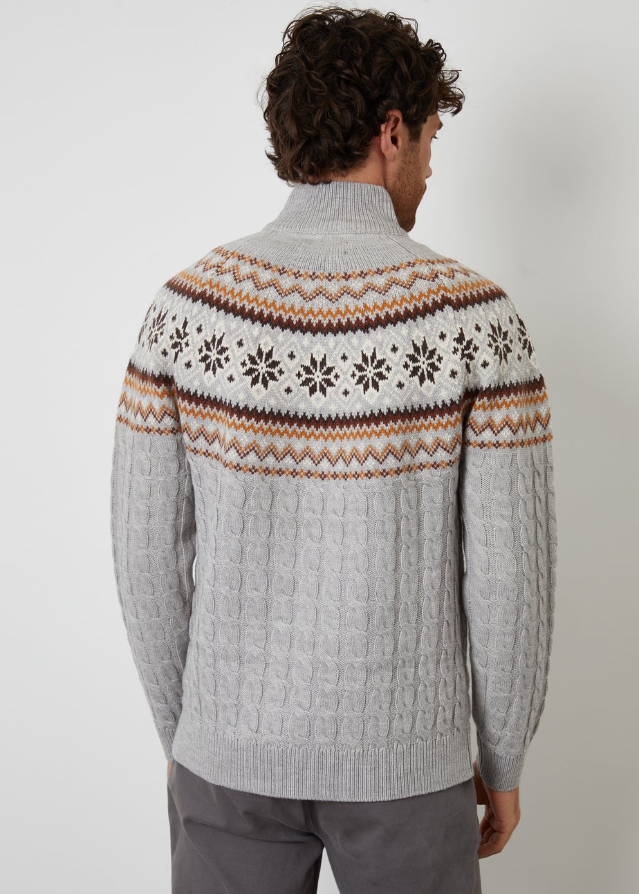 Threadbare Grey Fairisle Cable Knit Quarter Zip Jumper