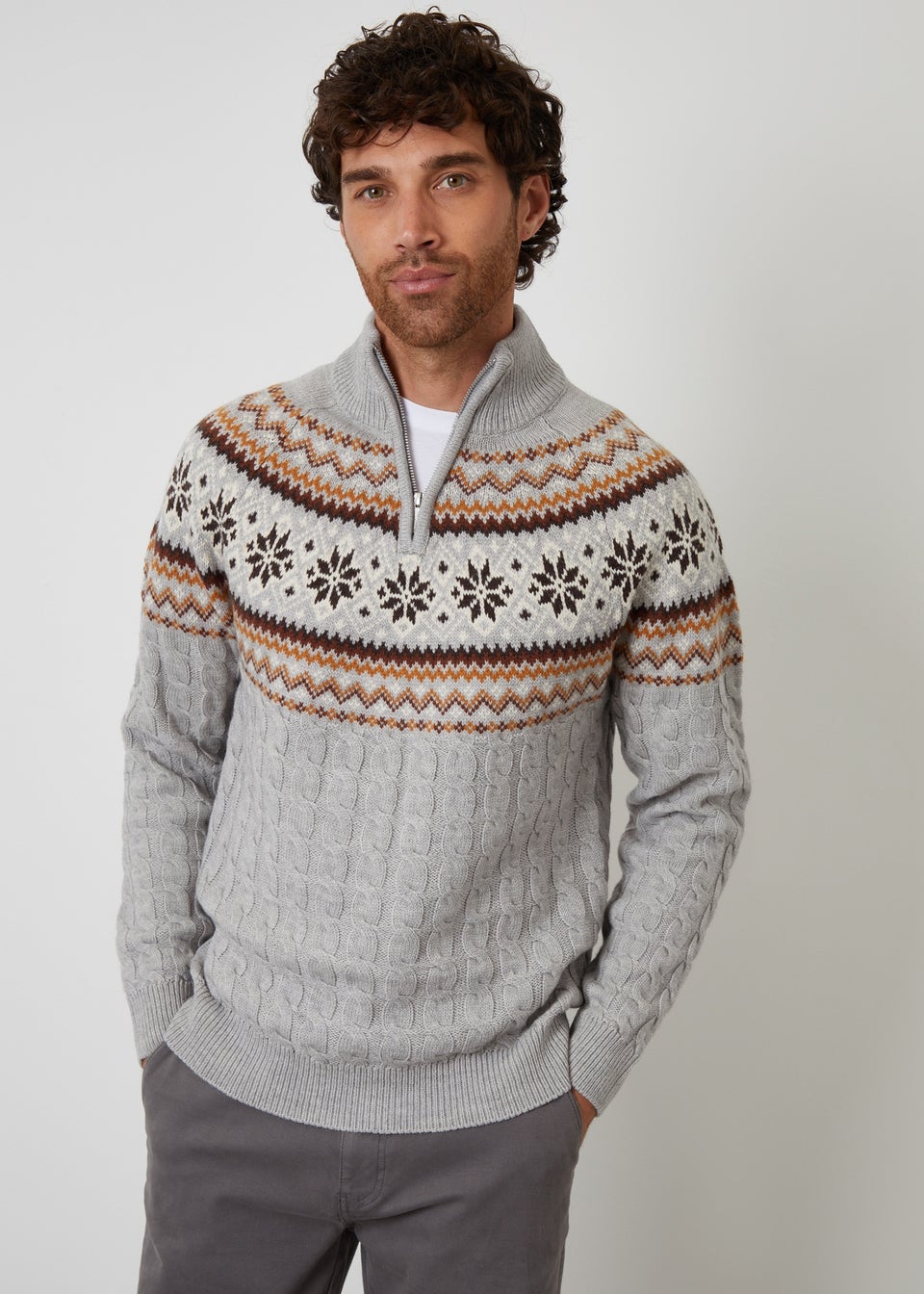 Threadbare Grey Fairisle Cable Knit Quarter Zip Jumper