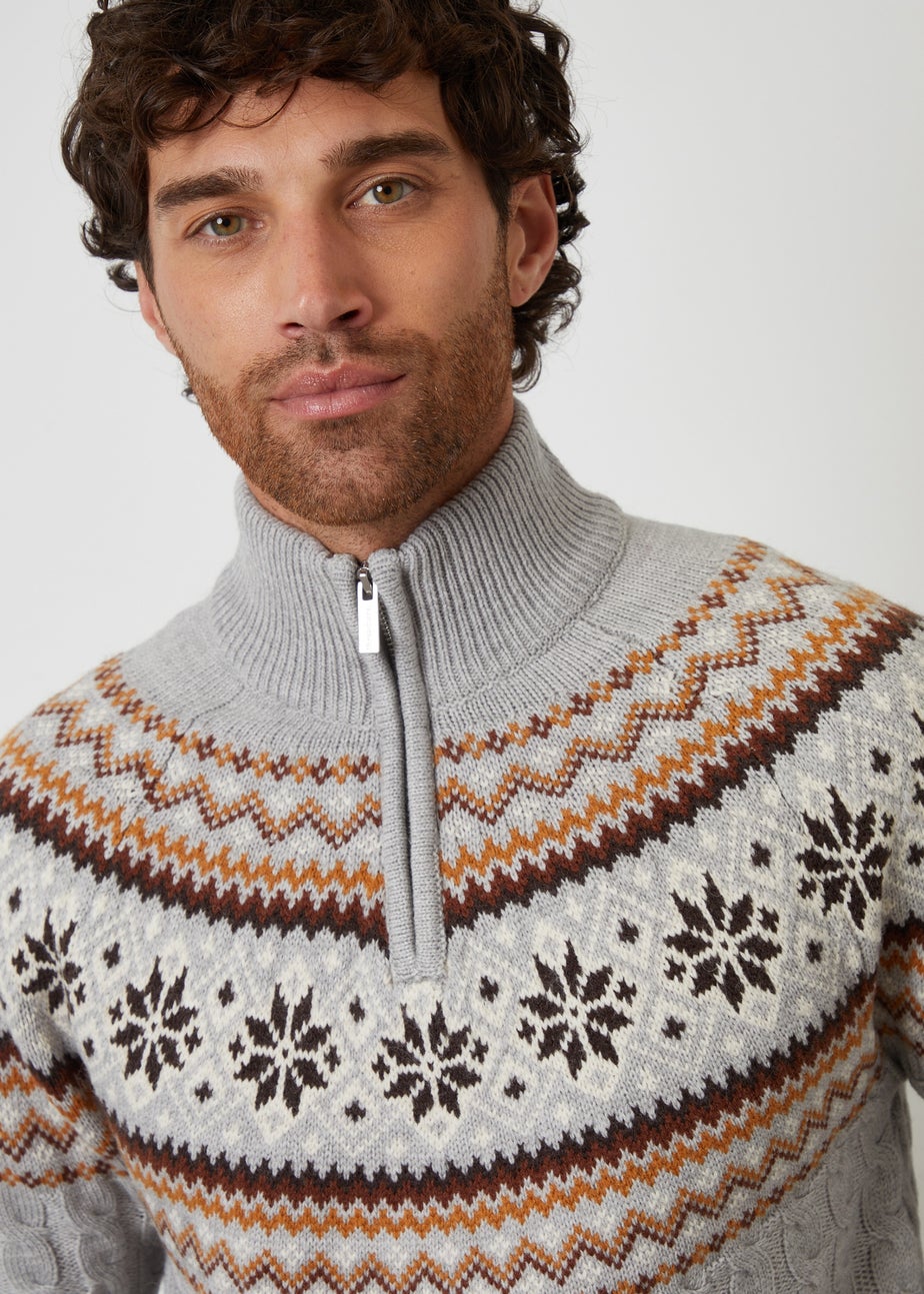Threadbare Grey Fairisle Cable Knit Quarter Zip Jumper