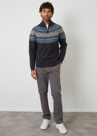 Threadbare Navy Fairisle Cable Knit Quarter Zip Jumper