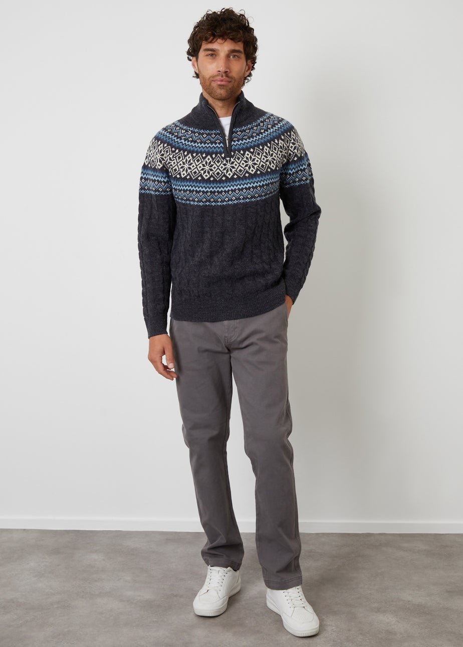 Threadbare Navy Fairisle Cable Knit Quarter Zip Jumper