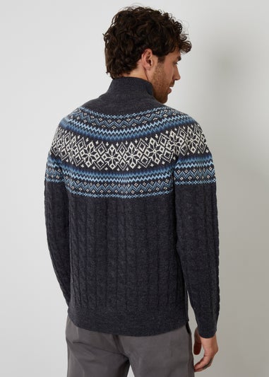Threadbare Navy Fairisle Cable Knit Quarter Zip Jumper