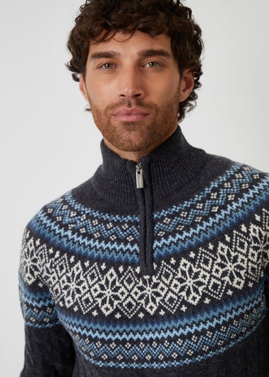 Threadbare Navy Fairisle Cable Knit Quarter Zip Jumper