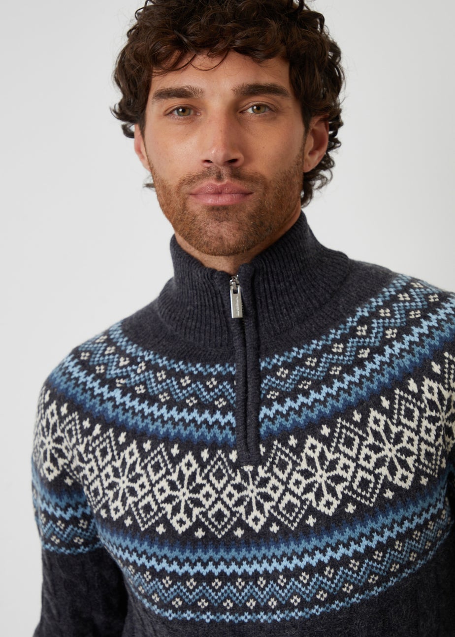 Threadbare Navy Fairisle Cable Knit Quarter Zip Jumper