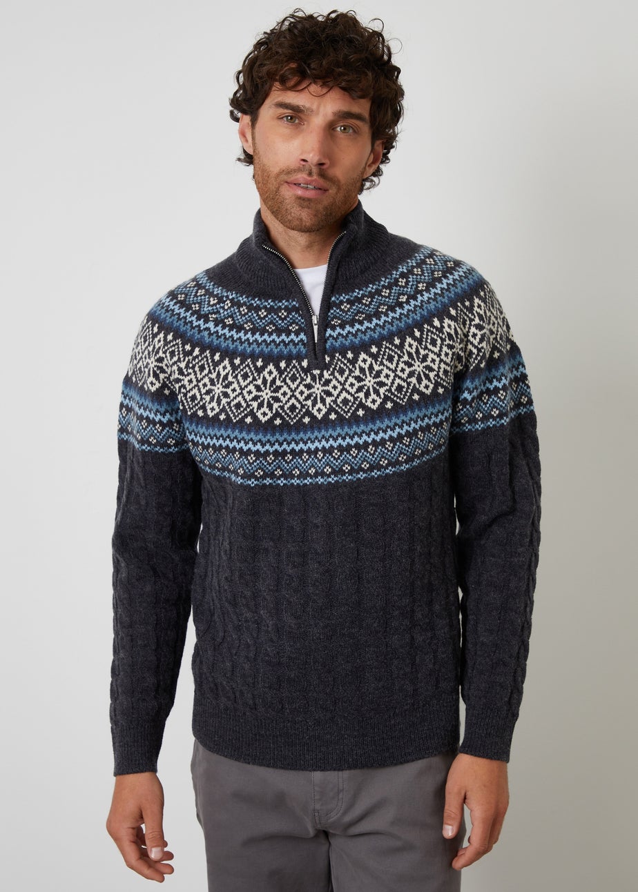Threadbare Navy Fairisle Cable Knit Quarter Zip Jumper