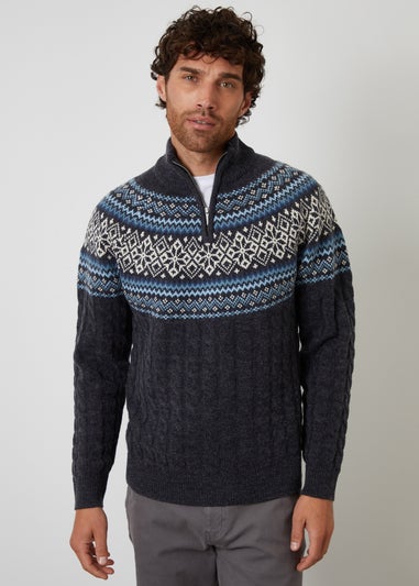 Threadbare Navy Fairisle Cable Knit Quarter Zip Jumper