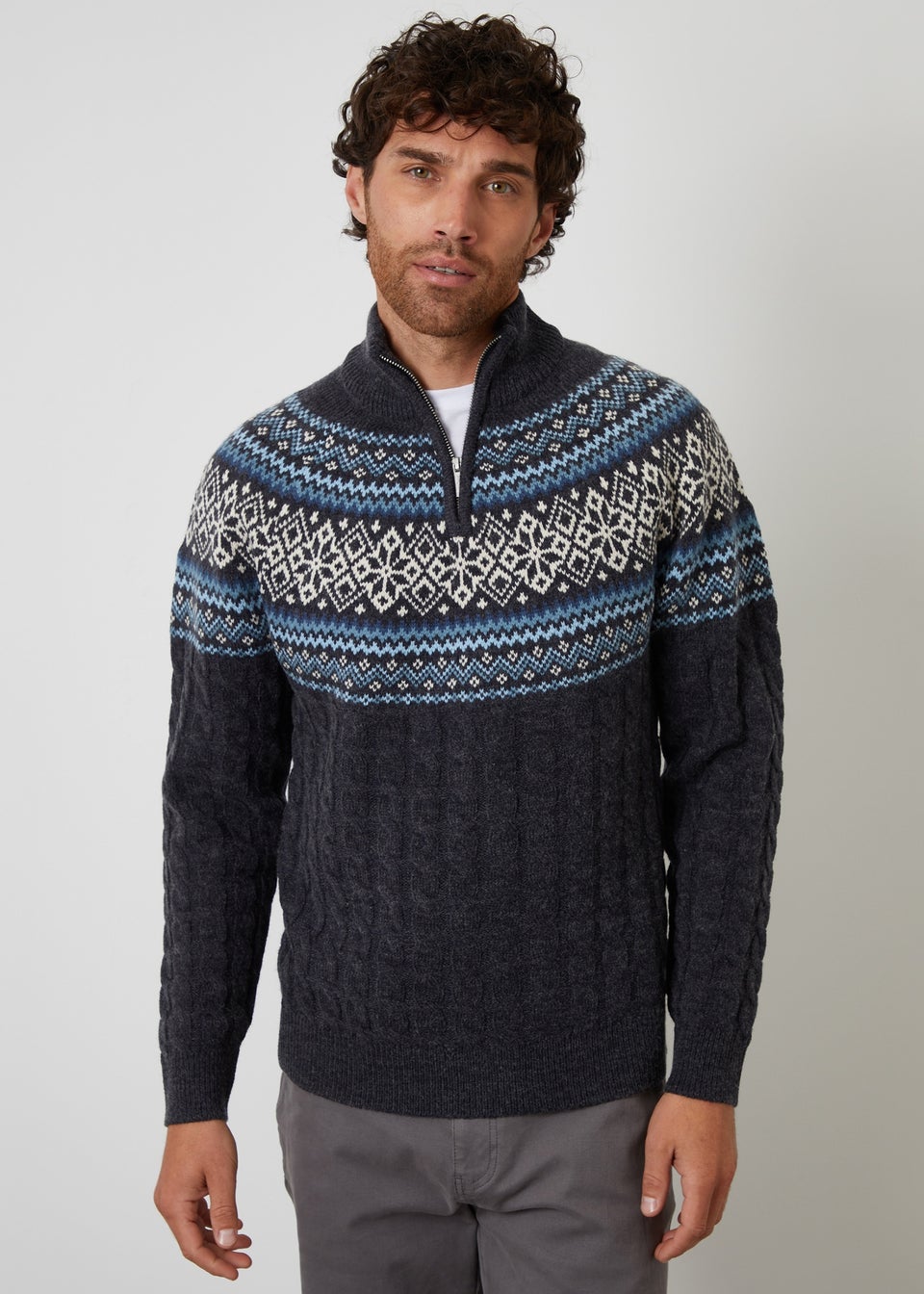 Threadbare Navy Fairisle Cable Knit Quarter Zip Jumper