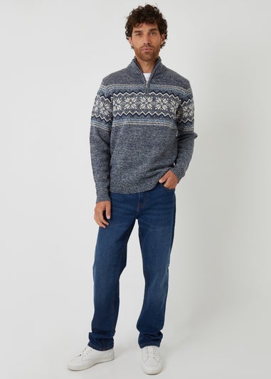Threadbare Navy Fairisle Knitted Quarter Zip Jumper