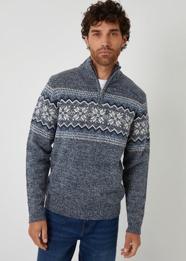 Threadbare Navy Fairisle Knitted Quarter Zip Jumper